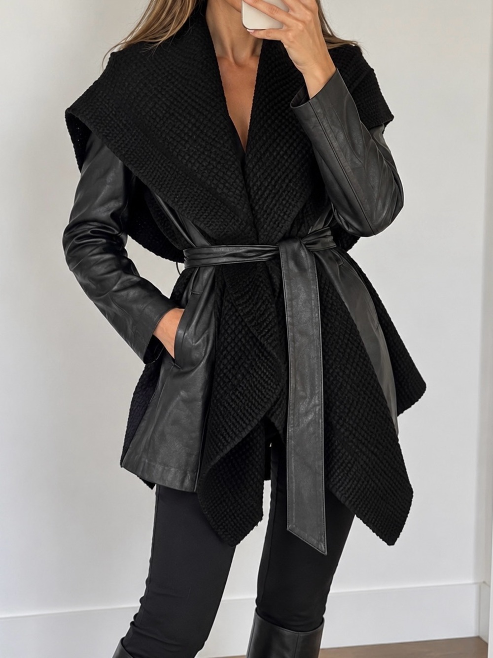 Passioni Leather & Fur Black Leather Knit Belted Cardigan Jacket Size S